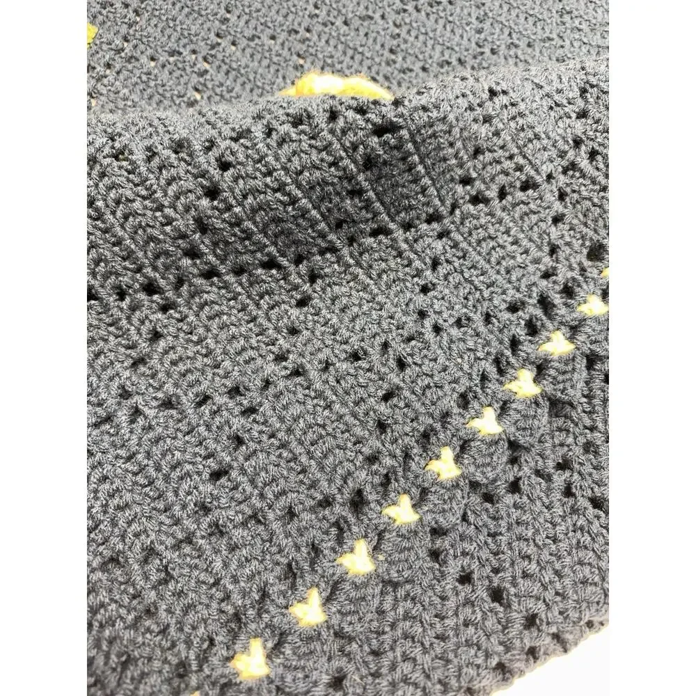 Vintage Crochet Floral Afghan Throw Blue Yellow Flowers 57x67 Cottagecore‎